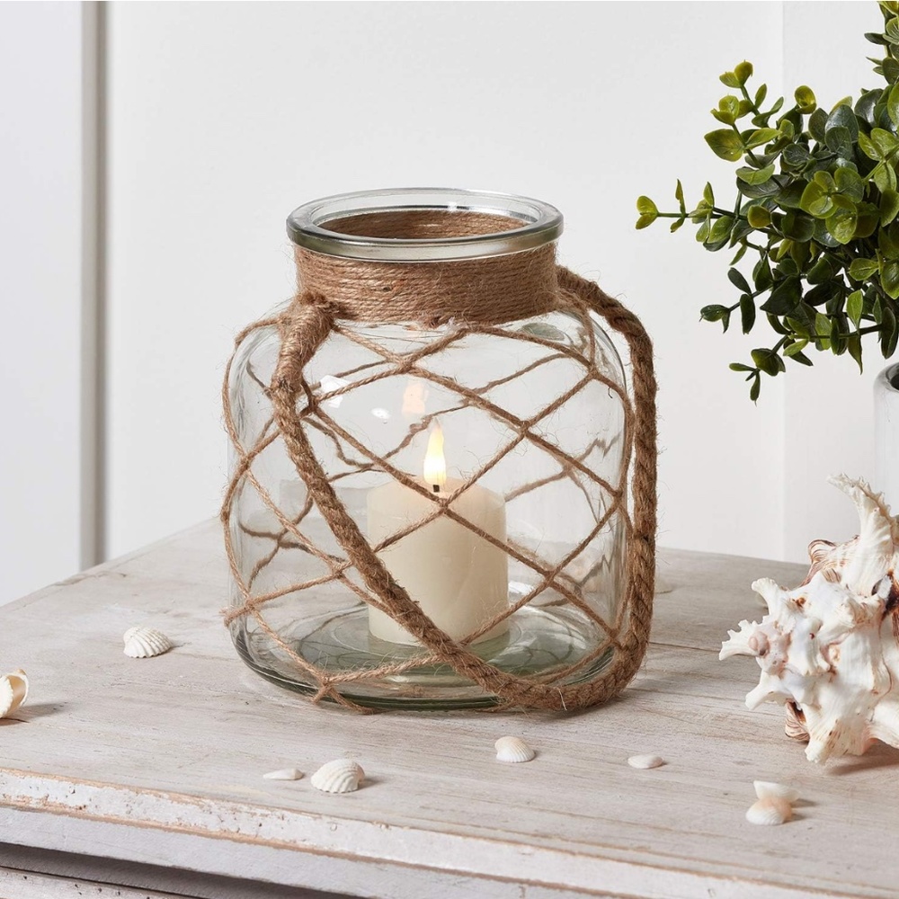 NEW Glass Jar Lantern with Rope Handle and Indoor Battery